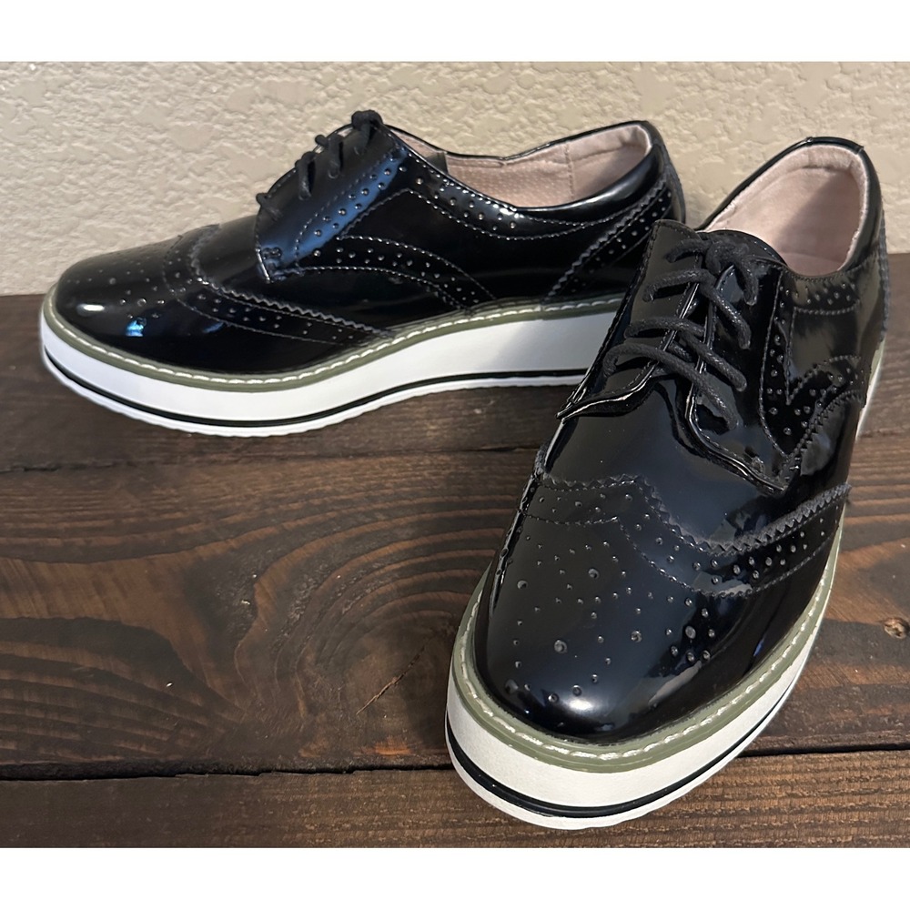 Dadawen Womens Black Patent Wingtip Platform Oxford Shoes Size 7 Brogue - Picture 3 of 15